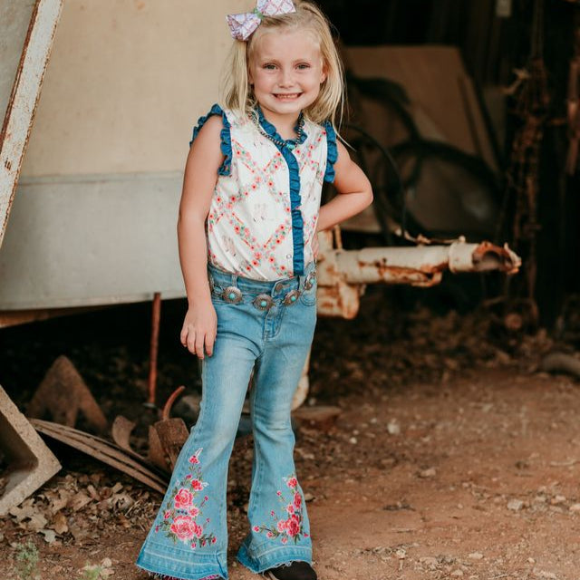 Floral Boot Denim Shirt, Size 6-7T (Sold pack of 4)