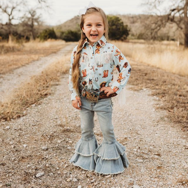 Blue Vintage Cowgirl Fringe Pearl Snap Shirt, Size 6-7 (Sold in pack of 4)