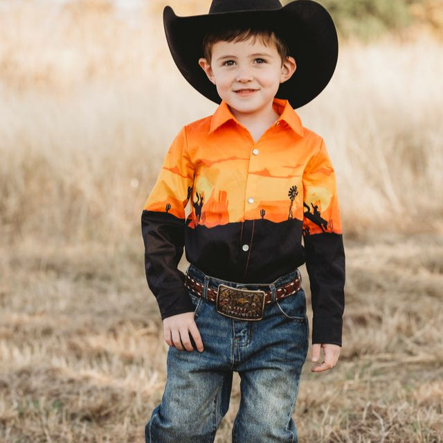 Retro Cowboy Orange LS Pearl Snap Shirt, Size 2T-5T (Sold pack of 8)