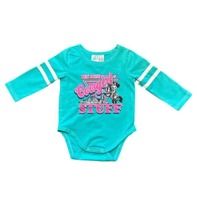 Busy Doing Cowgirl Stuff LS Tee Onesie, Size 0-2T (Sold packs of 8)