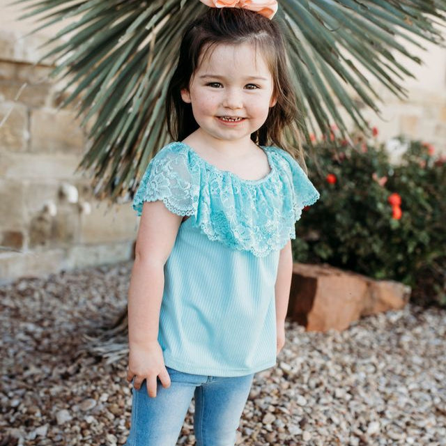 Teal Lace Shirt, Size 6-7T (Sold pack of 4)