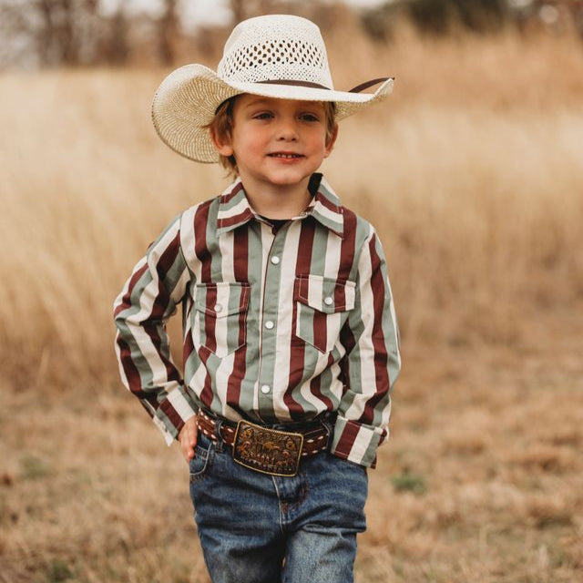 Brown Stripe Vintage LS Pearl Snap Shirt, Size 2T-5T (Sold pack of 8)