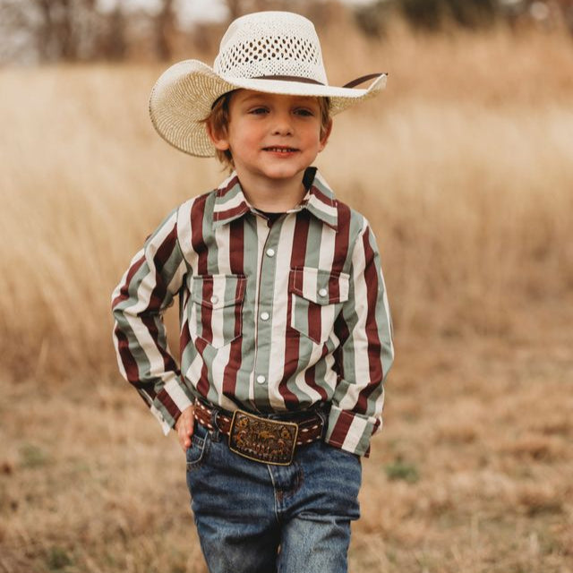 Brown Stripe Vintage LS Pearl Snap Shirt, Size 6-7 (Sold pack of 4)