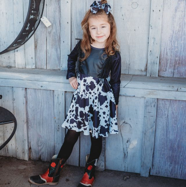 Black Cowprint LS Fringe Dress, Size 0M-5T (Pack of 6)