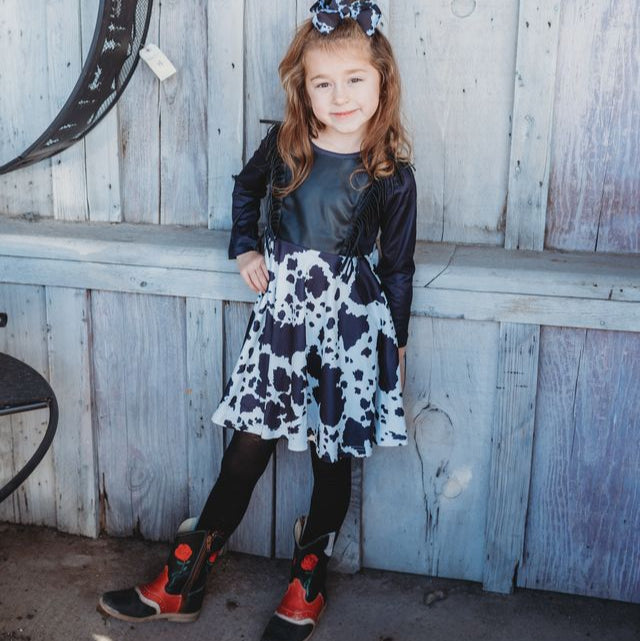 Black Cowprint LS Dress, Size 6-7 (Sold in pack of 2)