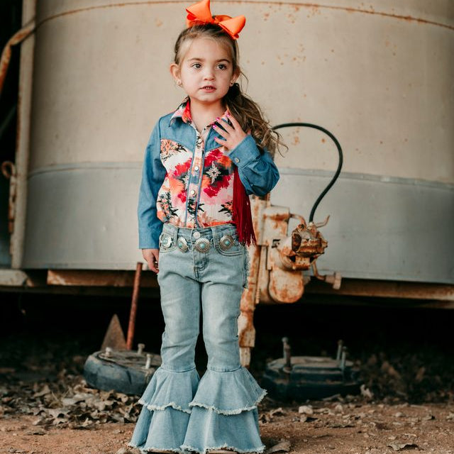 Aztec Denim Fringe LS Pearl Snap Shirt, Size 3T-5T (Pack of 6)