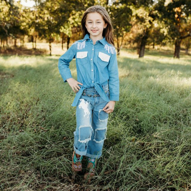 Raring Horse Denim Tie Shirt, Size 6-7 (Sold pack of 4)