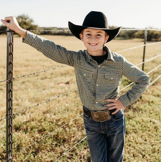 YOUTH Green Plaid LS Pearl Snap Shirt, Size 8-12 ( Sold pack of 6)