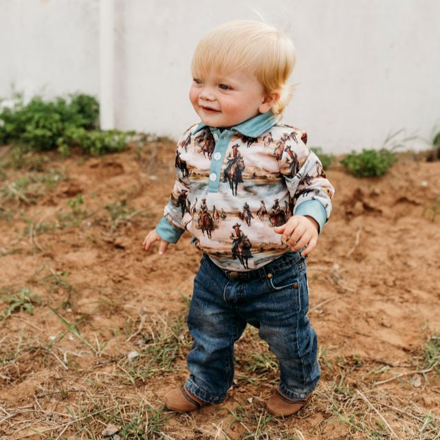 Sunrise Cowboy LS Polo Onesies, 0-18M (Sold pack of 6)