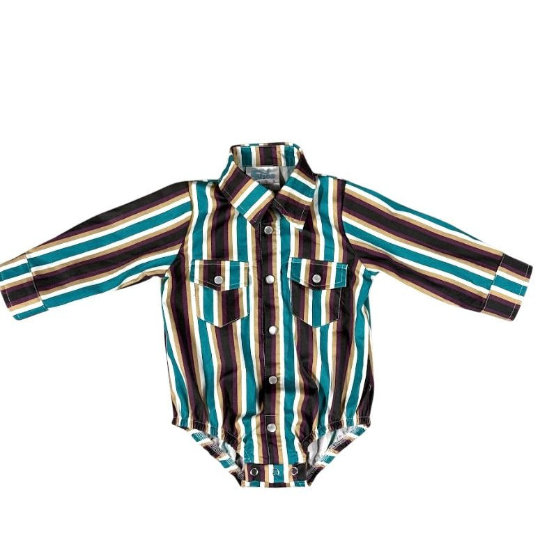 Brown Stripe Vintage LS Pearl Snap Onesie, Size 0-18M ( Sold pack of 6)