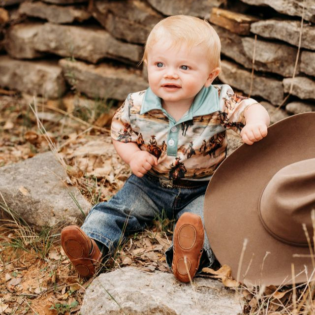 Sunrise Cowboy SS Polo Onesie, Size 0-18M (Sold pack of 6)