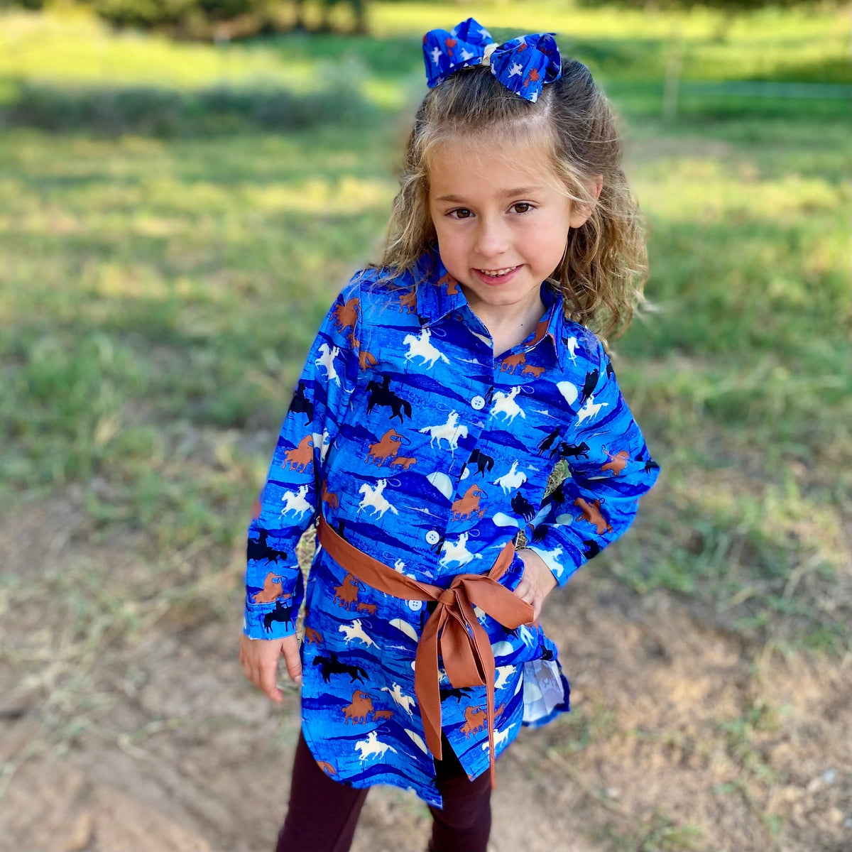 Blue Running Horse Button Up Dress, 6-12M-5T (Sold pack of 6)