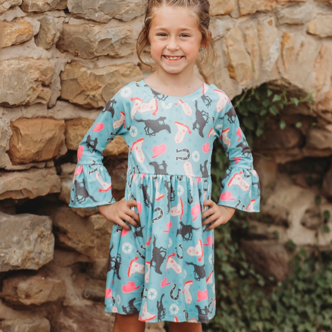 Turq. Running Horse Bell Sleeve Dress, 0-5T (Sold packs of 7)