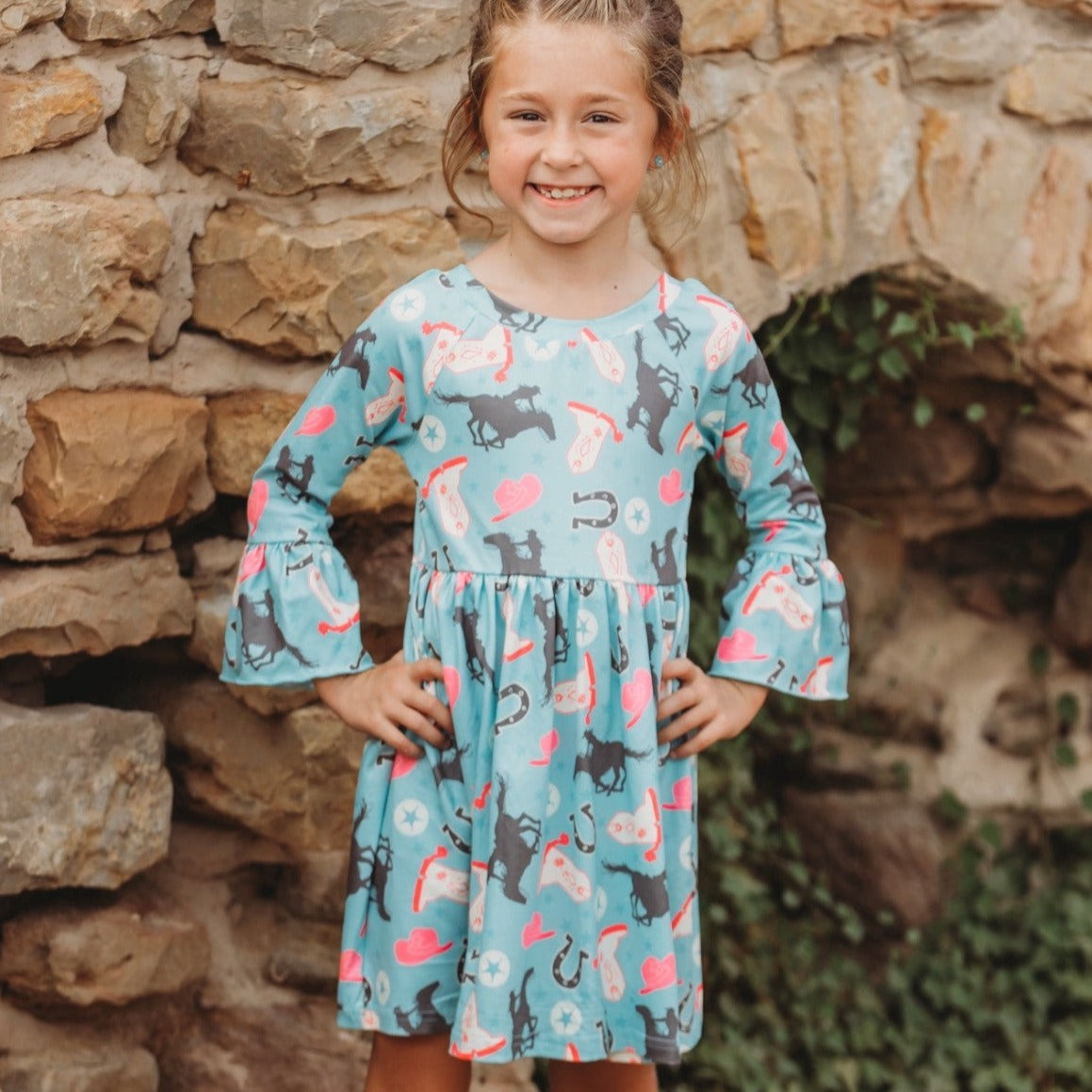 Turq Running Horse Bell Sleeve Dress Size 6-7 (Sold in pack of 2)