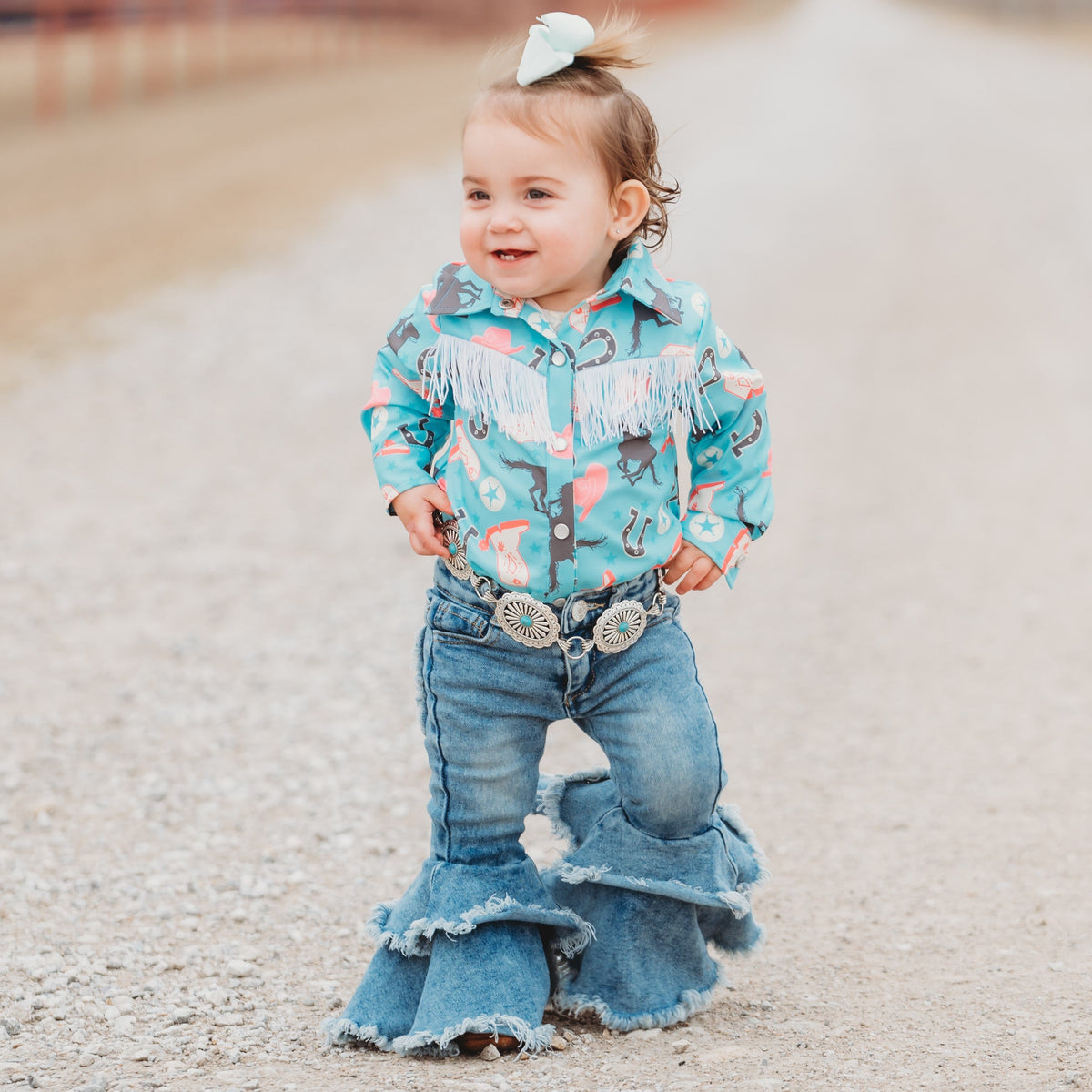 Turq Running Horse Pearl Snap Onesie, 0-2T (Sold pack of 8)