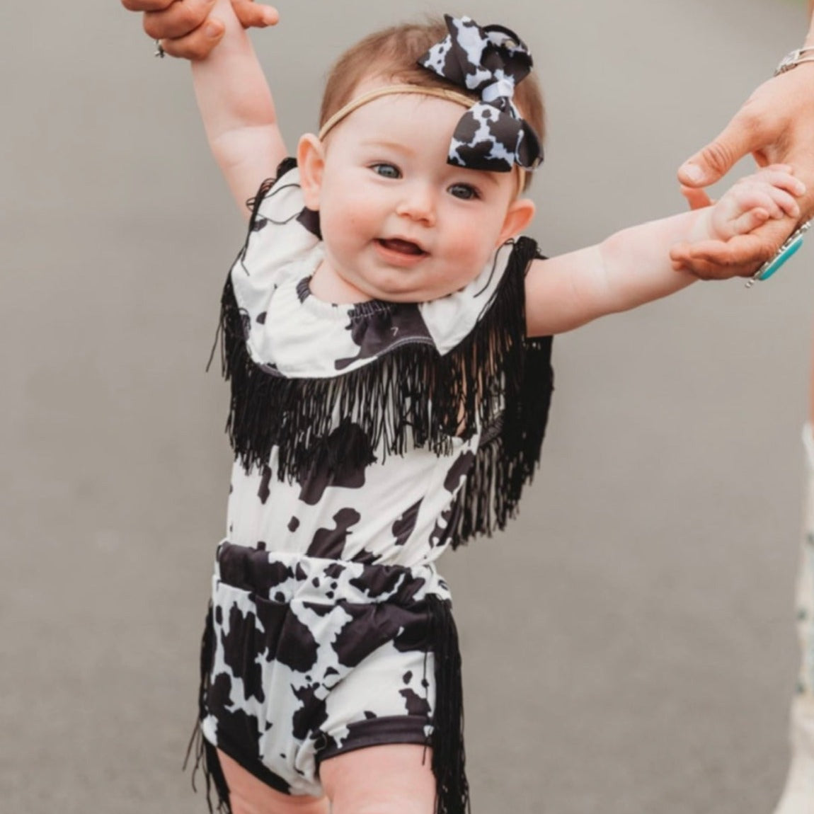 Black Cowprint w/t Neck Fringe Onesie, 0-2T ( Sold pack of 8)