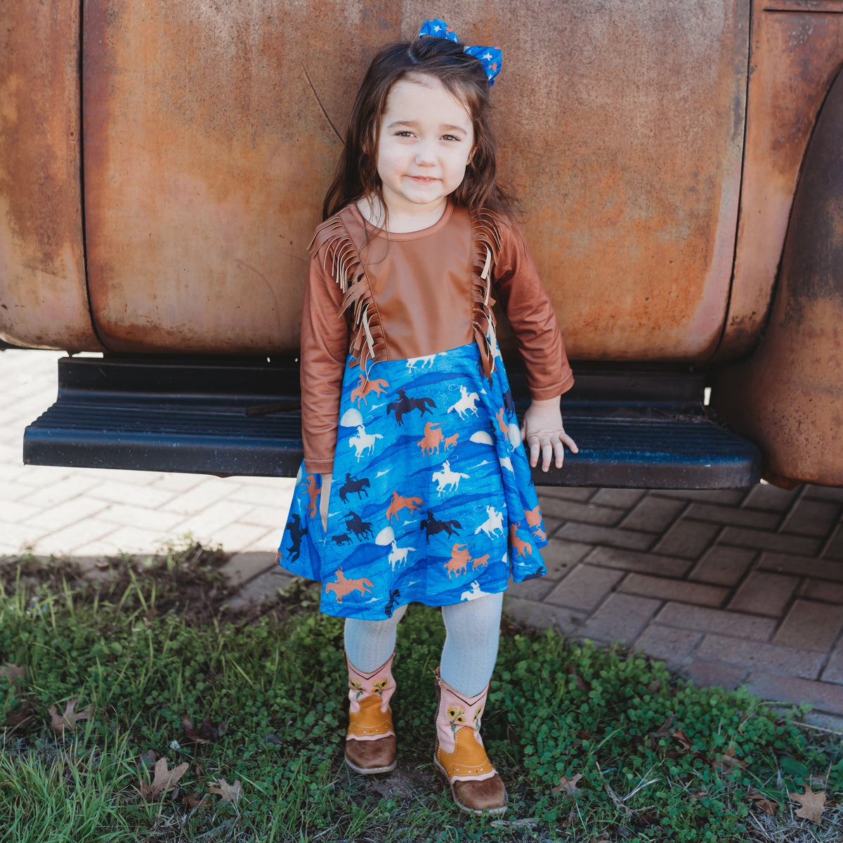 Blue Cowgirl Leather Fringe Dress, 6-12M-5T (Sold in Pack)