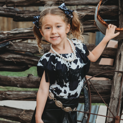 Black Cowprint w/t Neck Fringe Shirt, 3T-5T (Sold pack of 6)
