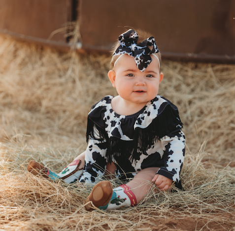 Cowprint Off Shoulder Fringe Onesie, 0-2T ( pack of 8)