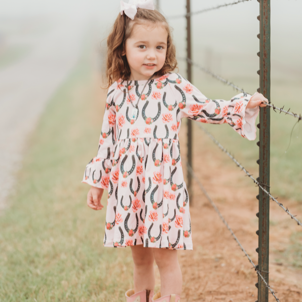 Horseshoe Rose Bell LS Dress, 0-5T (Sold pack of 7)