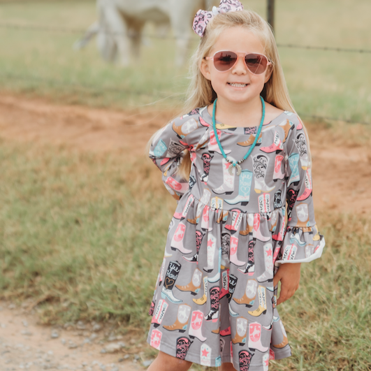 Grey Boot Bell LS Dress, 0-5T (Sold pack of 7)
